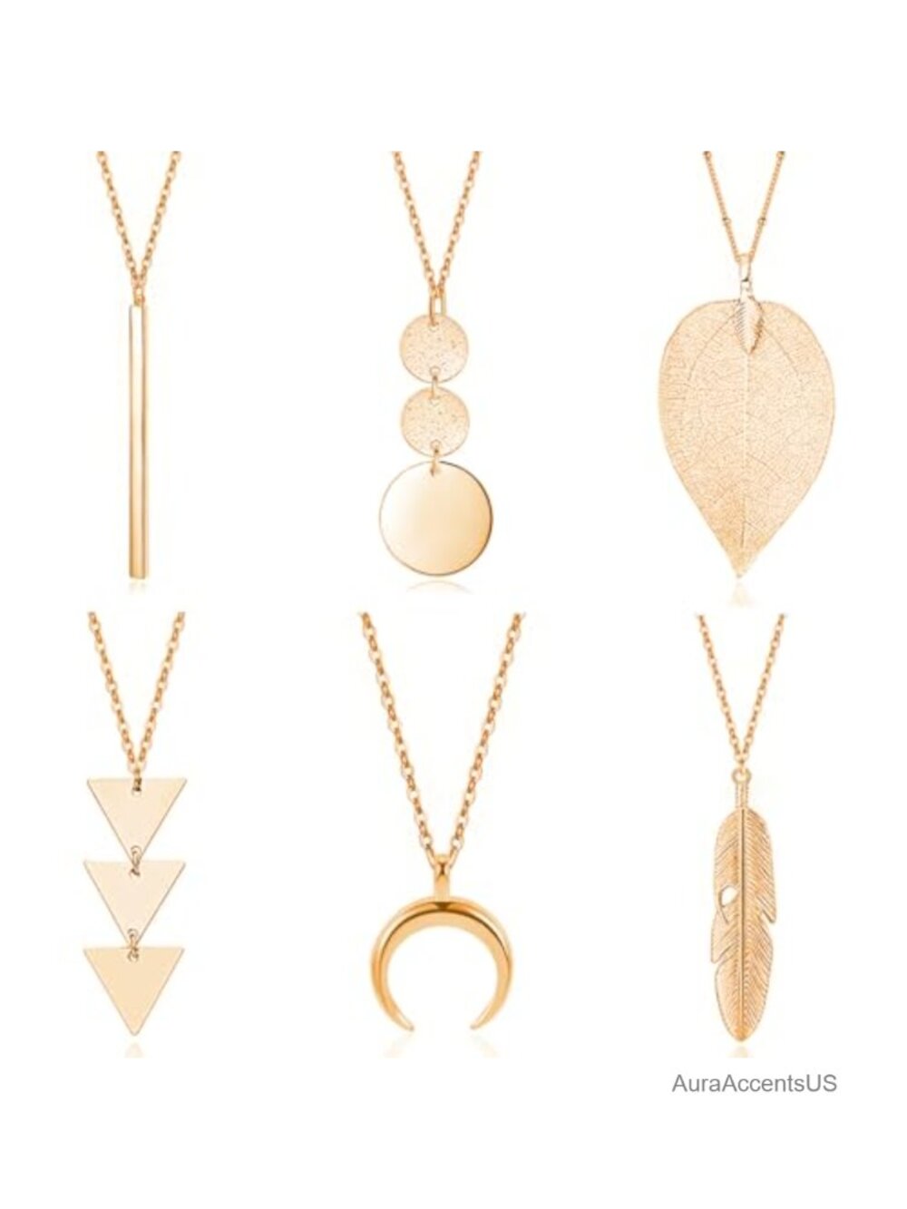 6pc Long Y-Necklace Set Bar Feather Circle Triangle Polished Lobster Clasp